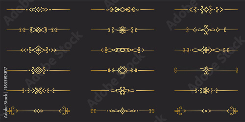 Gold text dividers doodle set. Wedding decorative elements. Divider ornament, borders, vintage line separators. Hand drawn vector illustration isolated on black background