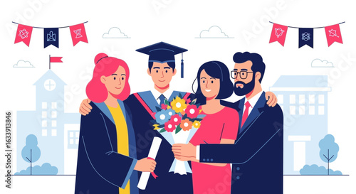 Proud Family Celebrating a Young Man's Academic Success at Graduation Ceremony