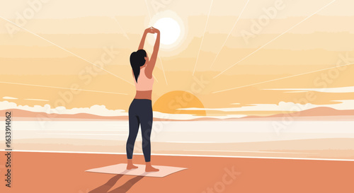 Serene Morning: Woman Practicing Yoga On Beach, Embracing The Sunrise Light