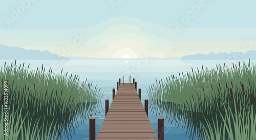 Quiet Lakeside View With Wooden Pier And Misty Sunrise Serene Nature Scene