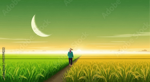 Serene Rice Field Vista With A Farmer At Dusk In Asia