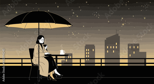 Serene Rooftop Scene With Coffee And Cityscape Under A Starry Night
