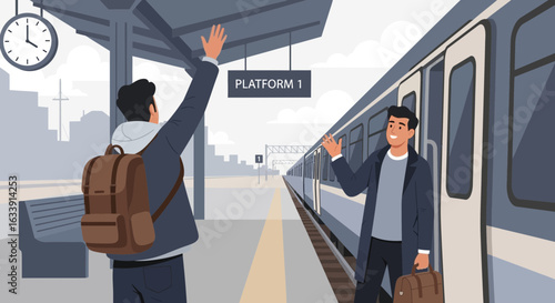 Railway Station Farewell Scene Of Two Young Men Expressing Emotions And Gratitude