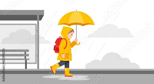 Rainy Day Adventures: A Cheerful Child Walking with Umbrella Illustration