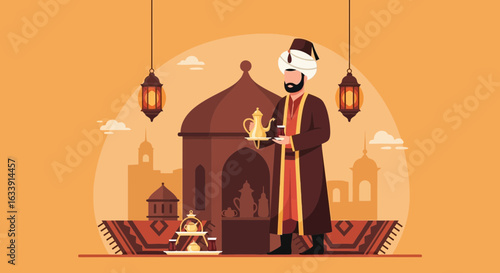 Serving Traditional Tea Islamic Background With Man In Traditional Clothes
