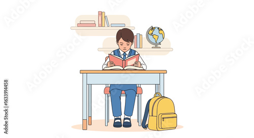 Serious Schoolboy Is Reading a Book In Classroom at Desk In Class