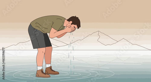 Refreshing Moment Man Cleansing Face With Water In Serene Nature Setting