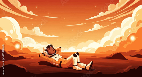 Relaxed Astronaut Contemplates The Red Planet Sky And Dreamy Landscape