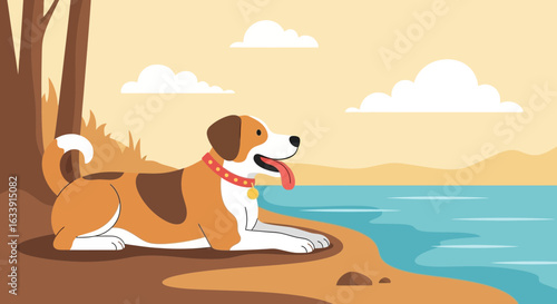 Relaxing Canine Companion Enjoying a Serene Seaside Escape Illustration