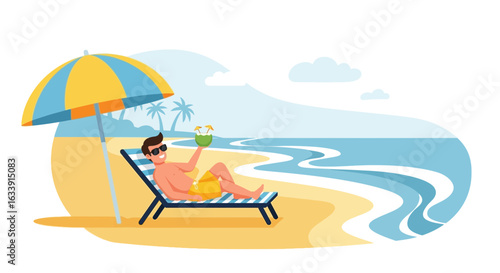 Relaxing Beach Getaway With Tropical Coconut Beverage in Summer Illustration