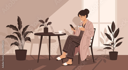 Relaxing Morning Digital Lifestyle With Coffee And Mobile Phone At Home