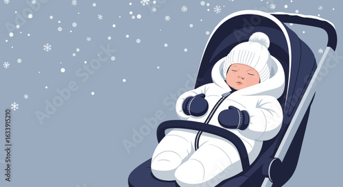 Sleeping Baby Wrapped Up Warmly in a Stroller During Winter Season