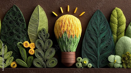 Paper - quilling light bulb with yellow and green patterns, encircled by green paper leaves on a brown backdrop, symbolizing creativity and nature integration.