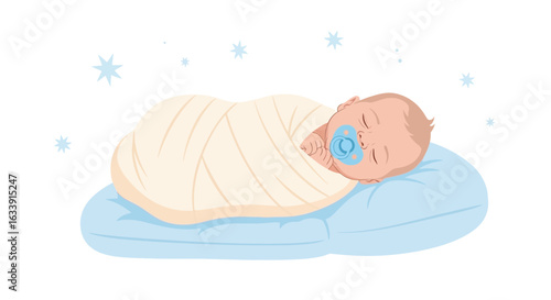 Sleeping Infant Wrapped In Swaddle On A Pillow With Starry Details