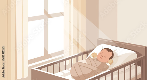 Sleeping Newborn Peacefully Resting In A Baby Crib Near Window Illustration