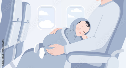 Sleeping Peacefully Little Baby On A Plane With His Dad Or Mom