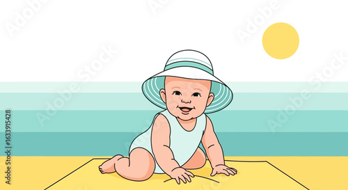 Smiling Baby Crawling On Sandy Beach In Summertime Wearing Sun Hat