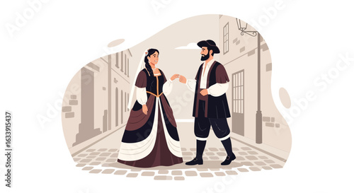 Renaissance Era Courtship Illustration With Elegant Costumes In City Backdrop