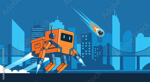 Retro Robotic Delivery Courier Service In A Metropolis Under Meteor Shower
