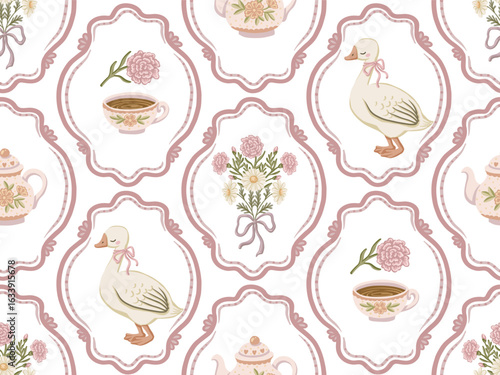 Cute goose and teapot with flower in pastel frame seamless pattern. Hand drawn coquette design with vintage floral objects. Great for textile and wallpaper. Perfect for bed linen and kids decor.