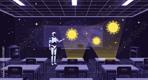 Robot Teacher Giving a Space Lesson in Futuristic Classroom Concept