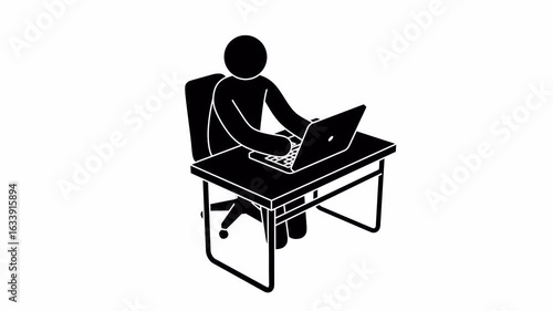 Stickman programmer sitting at a desk and writing code on a laptop, shown from a full 360-degree rotating view. looped animation