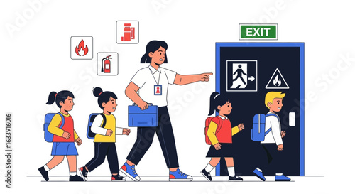 Teacher Guides Students During Fire Drill To The Emergency Exit Point