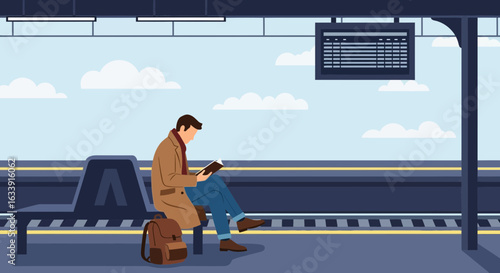 Solitary Reader Absorbed In Story At Railroad Station Under Schedule Display