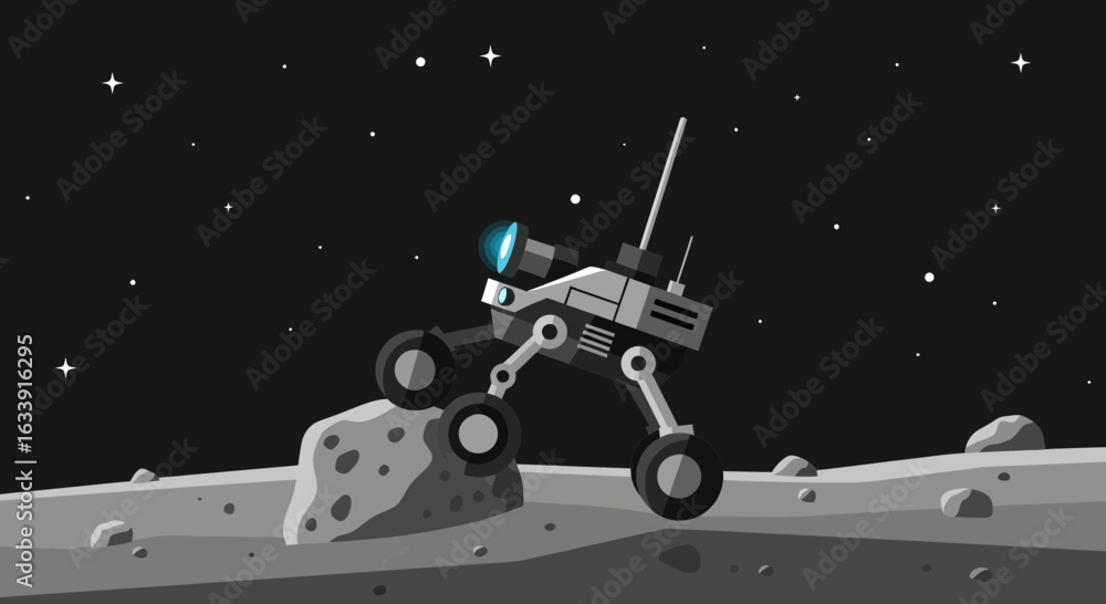 Naklejka premium Space Rover Exploring The Lunar Surface In Monochrome Illustration With Stars