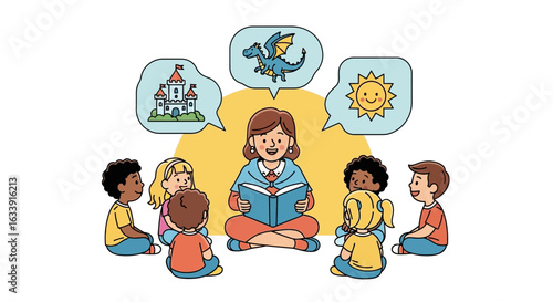 Teacher Reads Story To Group Children Inspiring Imagination And Creativity