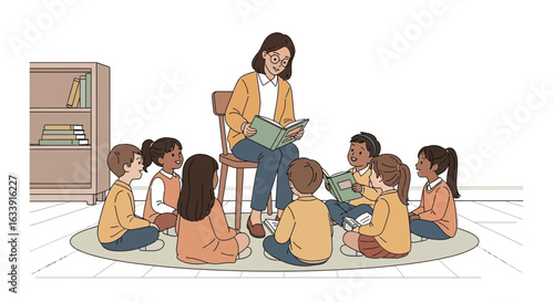 Teacher Reads To Diverse Group Of Children In Classroom Setting Illustration
