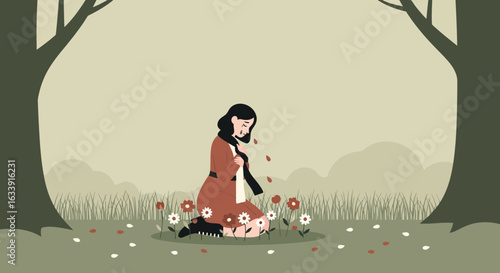 Sorrowful Lady Sitting In Blossoming Meadow With Deciduous Forest Behind Her