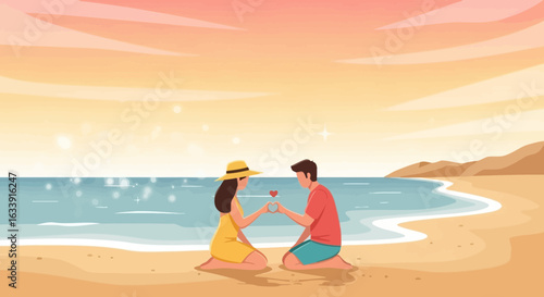 Romantic Couple On Beach Holding Hands Forming A Heart At Sunset