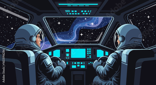 Space Explorers Navigating Through The Cosmos In Futuristic Spaceship