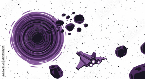 Spaceship Flying Through Asteroids Field Near a Black Hole in Open Space