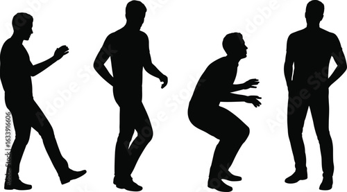 Silhouette of person in motion, standing, walking, squatting, human posture, body movement, isolated, white background, vector, illustration, stock