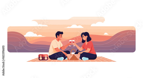 Romantic Sunset Picnic A Young Couple Enjoying Wine And Intimate Moment Together