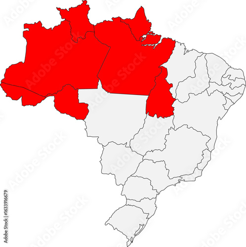 Map of Brazil highlighting the North (Norte) region. Ideal for geographic studies, environmental projects, and content related to the Amazon rainforest.