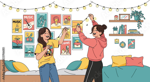 Teenage Friends Decorating Cozy Room With String Lights And Trendy Posters
