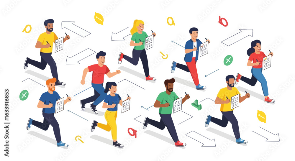 Fototapeta premium Running Towards Success: Diverse Group Completing Tasks with Charts and Pens