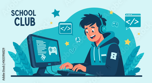 Teenager Programming At Computer In School Club Learning About Coding And Gaming