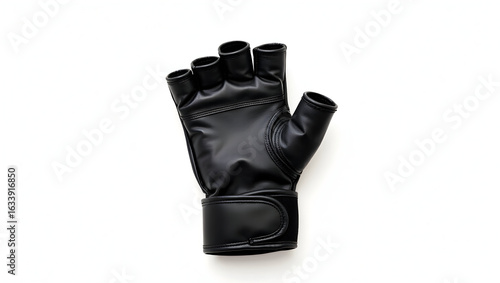 Sport Equipment A single black MMA glove with open fingers and padded knuckles isolated on white background with top view for branding and product catalog use