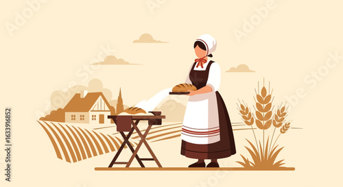 Rural Baker Offering Freshly Baked Bread On The Farm With Wheat Growing
