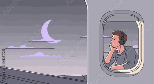 Thoughtful Passenger Enjoys Moonlit View On A Plane Flight At Night