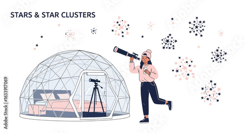 Stargazing Adventure Girl Exploring Stars From Geodesic Dome Tent Observation