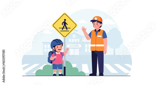 Safe School Crossing With Student And Crossing Guard Waving Hello