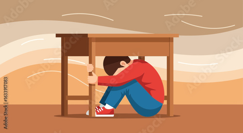 Safety Drill Hiding Under Desk During Earthquake Preparedness Protection Cartoon