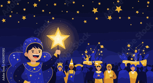 Three Kings Day Parade With Guiding Star And Enthusiastic Participants