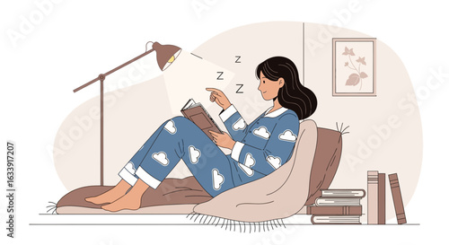 Tired Young Woman Dressed In Pajamas Falling Asleep While Reading A Book