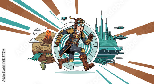 Steampunk Adventurer Navigating The Epochs Through Prehistoric And Futuristic Worlds
